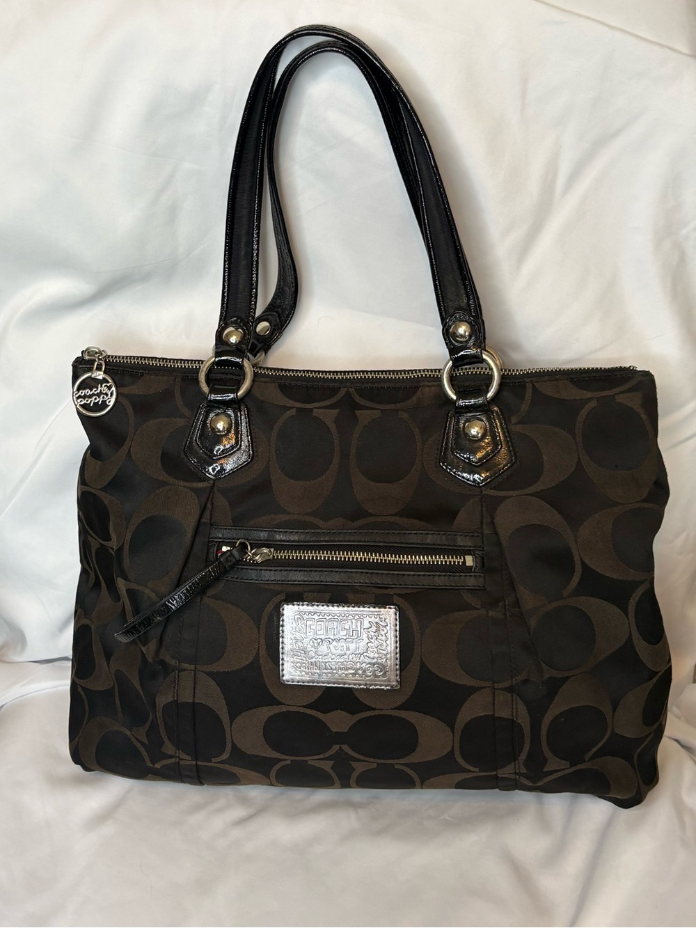 Coach Poppy Brown and Black Signature Tote with Silver Plaque